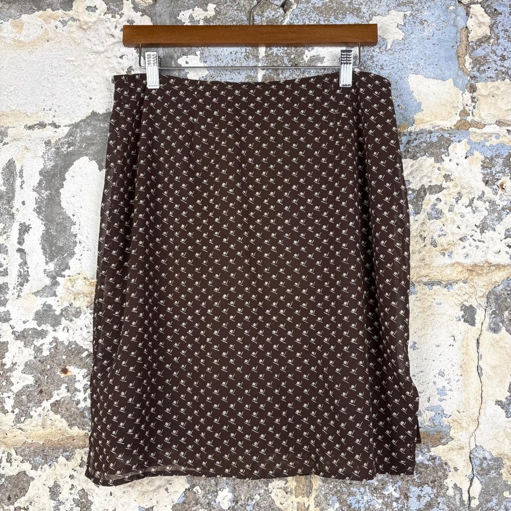 Vintage Express Brown Geometric Print Midi Skirt 90s Chiffon Lined Size 11/12